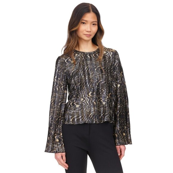 Michael Kors Women Printed Pleated Bell-Sleeve Top Black Gold Size XL MSRP $110 - Picture 1 of 4